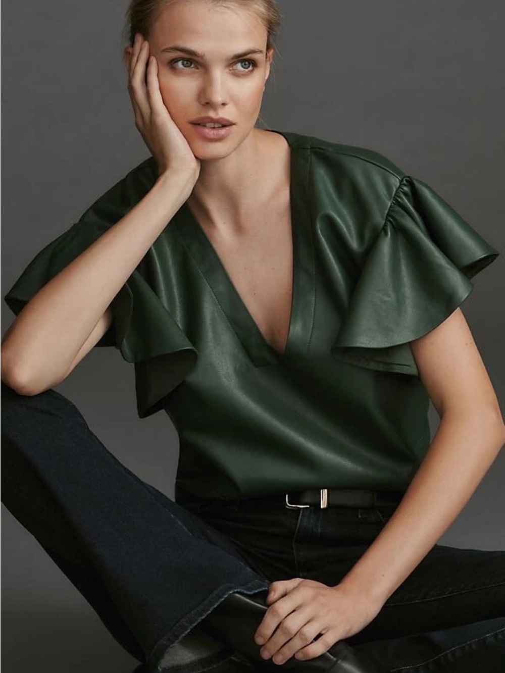 Anthropologie Maeve Cropped Ruffle-Sleeve Blouse size faux leather (mix34)